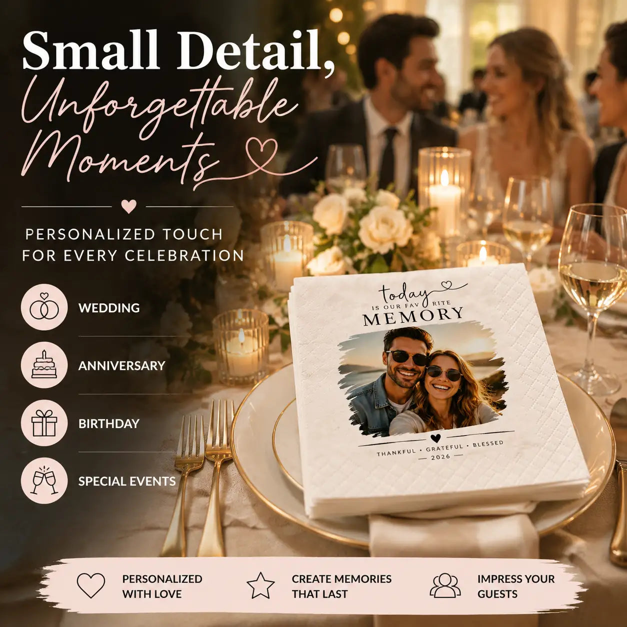 Personalized photo napkins creating memorable details for weddings anniversaries and celebrations