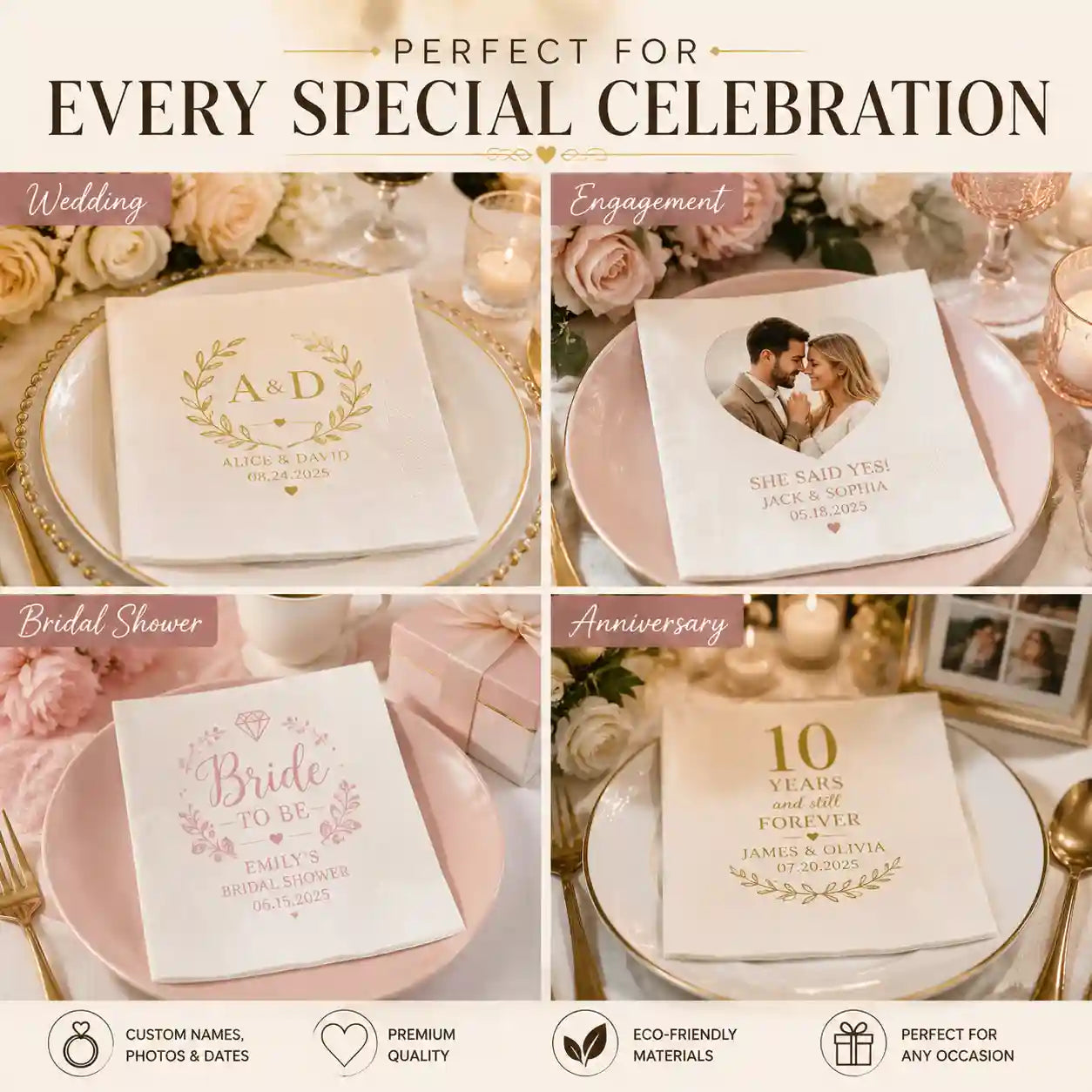 Personalized wedding napkins used for weddings, engagement parties, bridal showers and anniversary celebrations