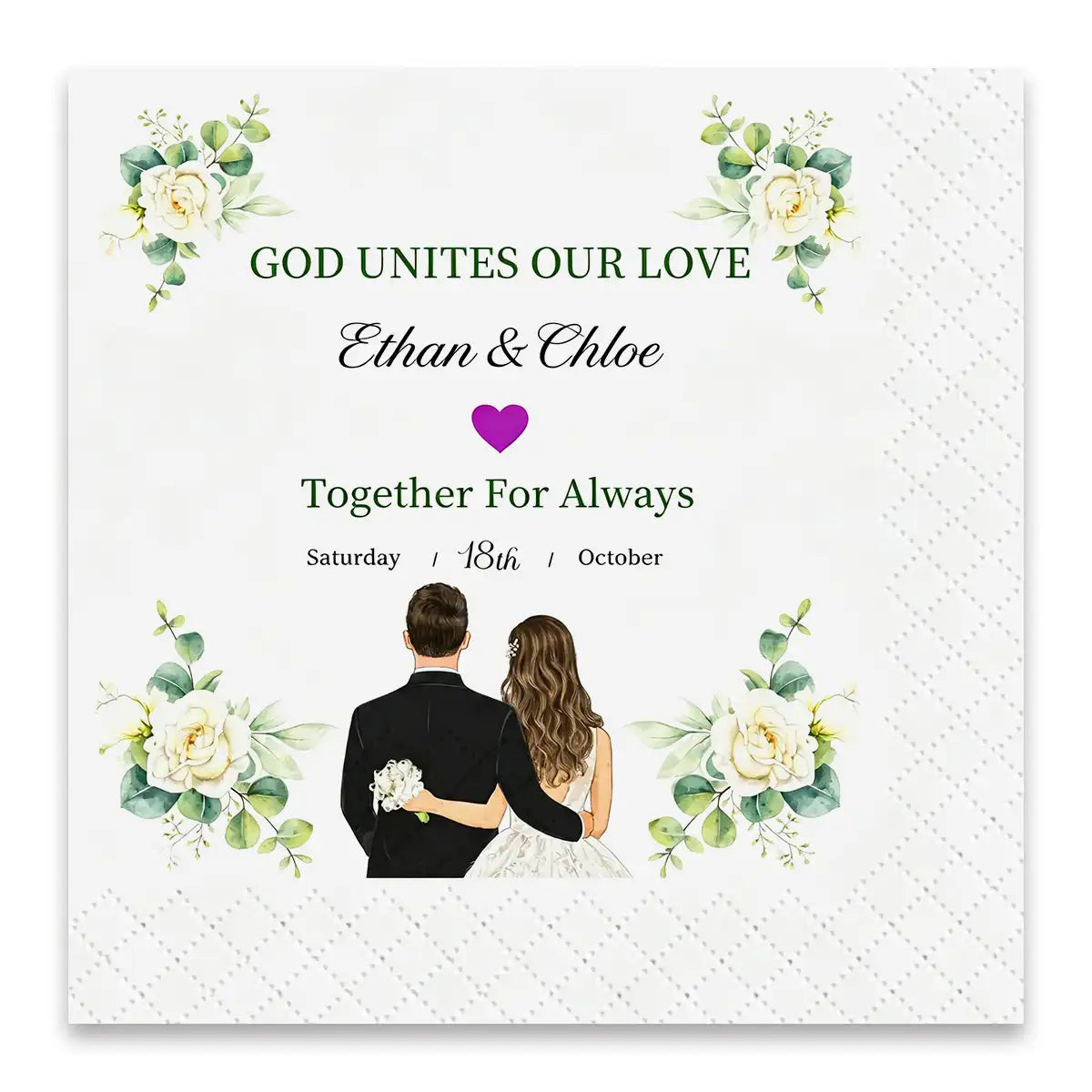 SKYTISUE personalized wedding napkins with custom couple names, wedding date, floral design, and romantic reception decoration