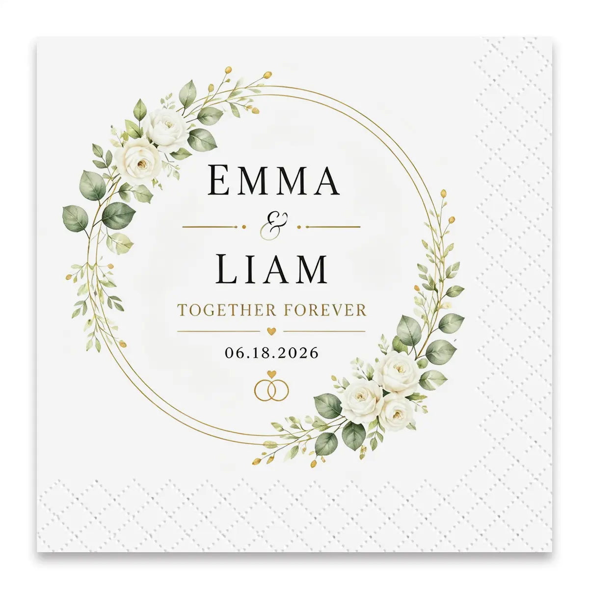 Personalised floral wedding napkin with white roses, green foliage, names and wedding date