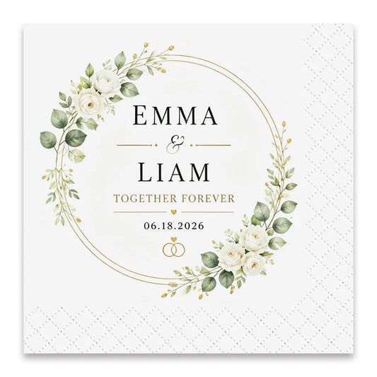 Personalised floral wedding napkin with white roses, green foliage, names and wedding date