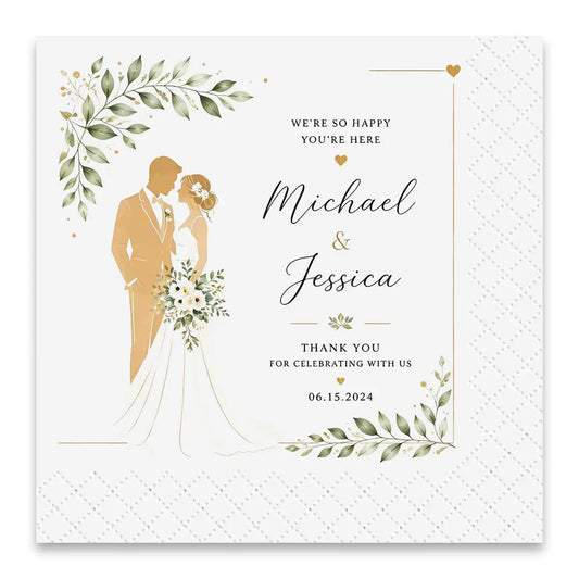 Personalized cocktail napkins with custom wedding design, featuring elegant bride and groom artwork on premium white folded napkins