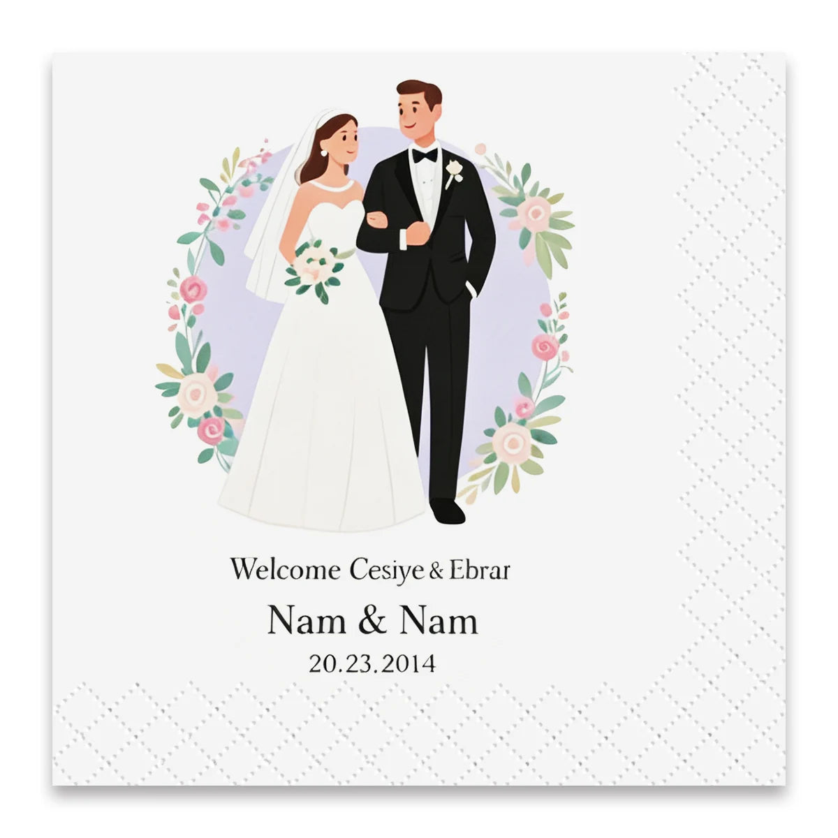 Personalized wedding napkin with custom bride and groom illustration, names and wedding date printed on white napkin