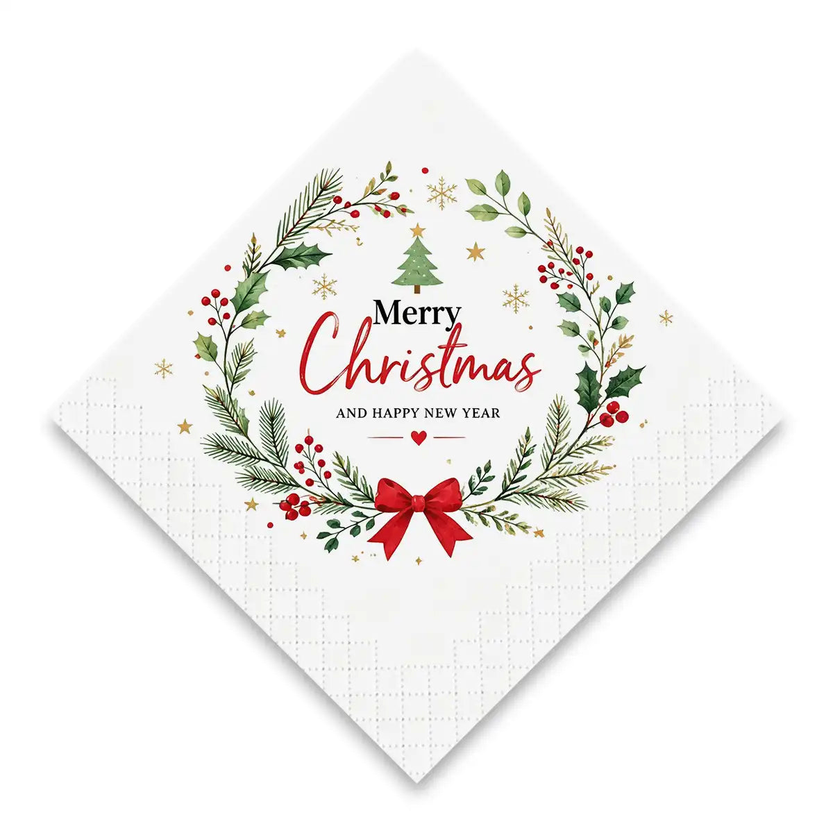Personalized Christmas napkins with festive wreath, Merry Christmas design and 3D embossed border
