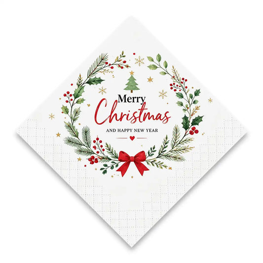 Personalized Christmas napkins with festive wreath, Merry Christmas design and 3D embossed border