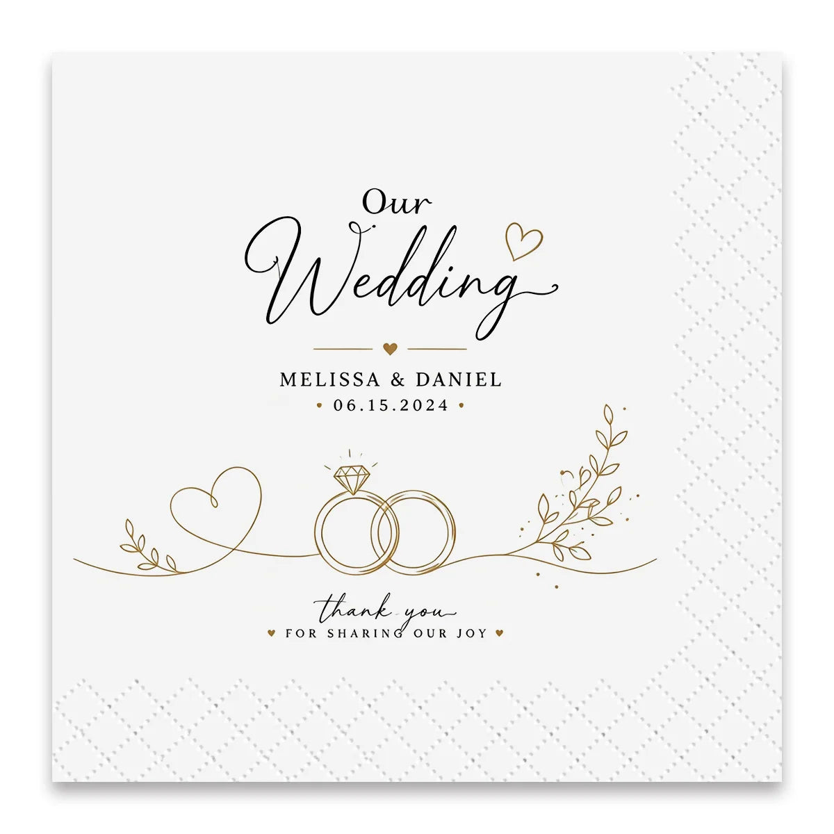 Personalized cocktail napkins with custom wedding design, featuring elegant bride and groom artwork on premium white folded napkins