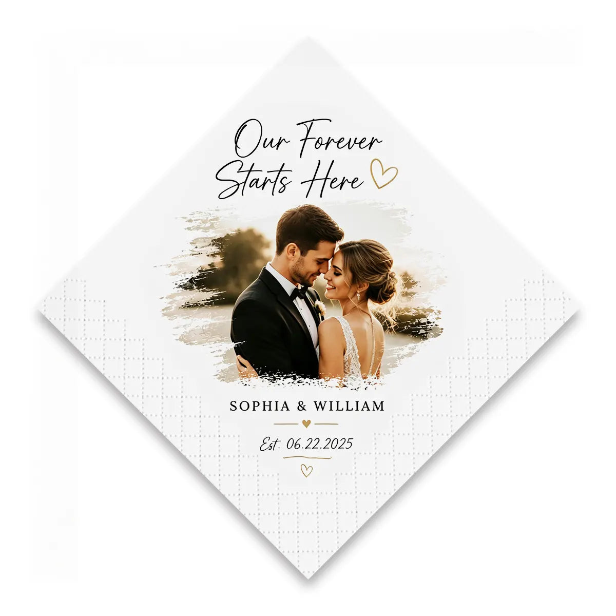 Personalized photo wedding napkins with custom wedding photo, names and date in a diamond folded design