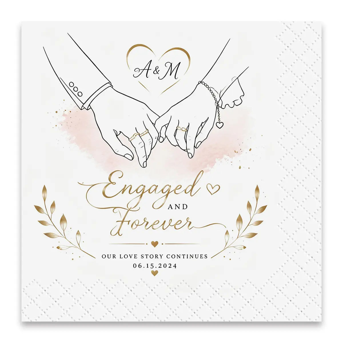 Personalised engagement napkin with custom ring ceremony design, love story artwork and embossed border