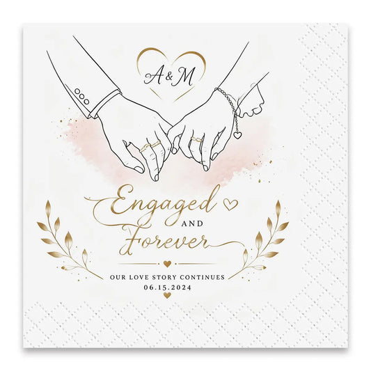 Personalised engagement napkin with custom ring ceremony design, love story artwork and embossed border