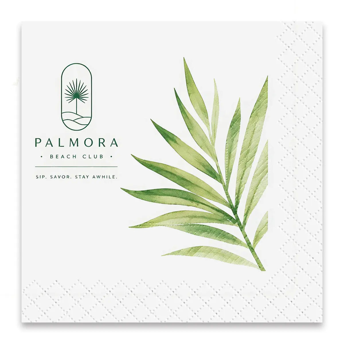 Custom personalised napkin with logo, botanical artwork and embossed edge