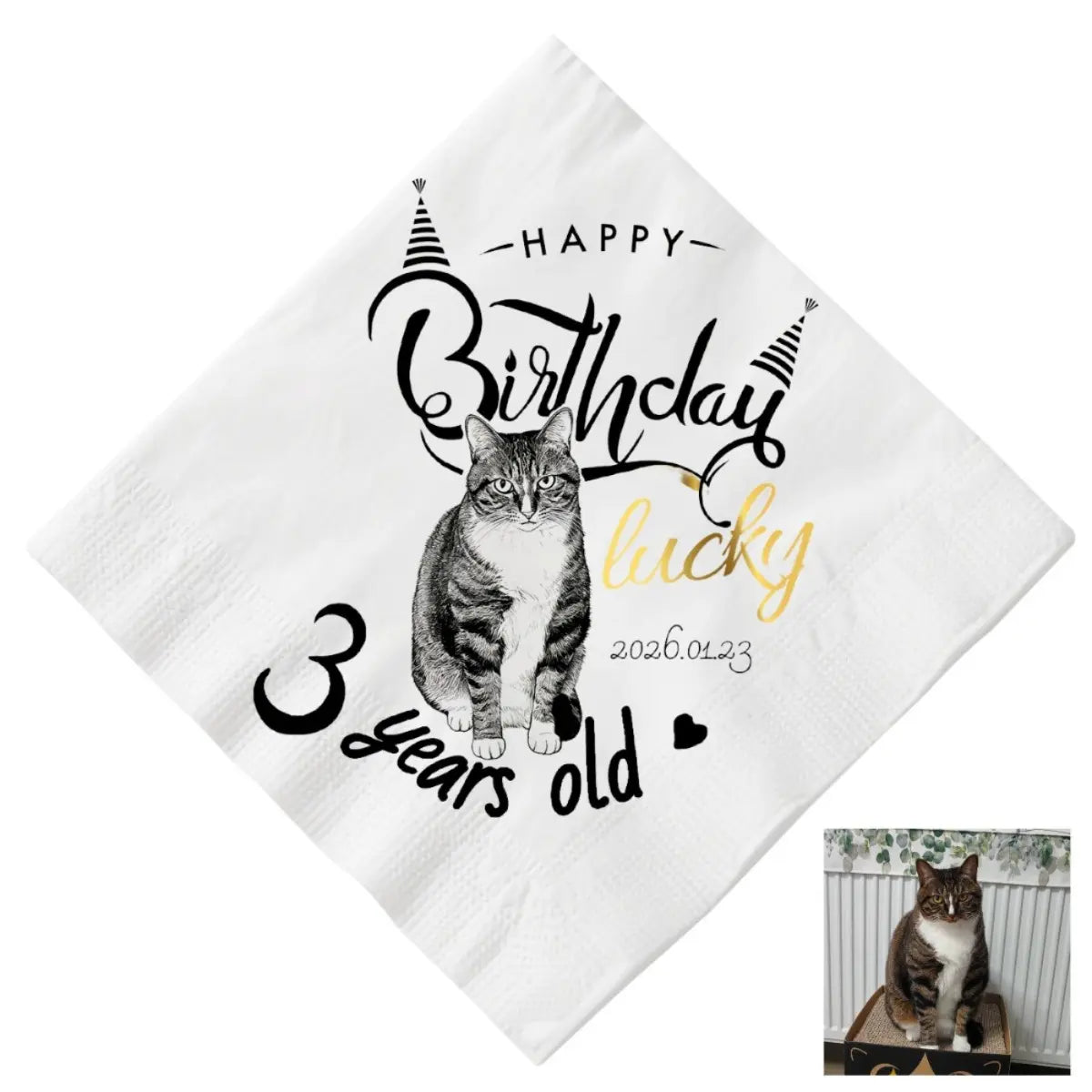 Personalized pet photo birthday napkin with custom cat design