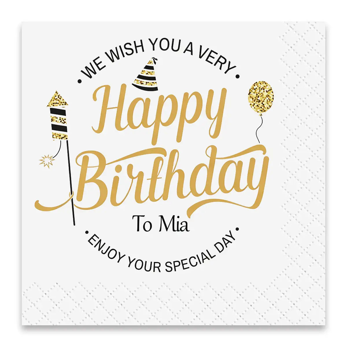 SKYTISUE personalized birthday napkins with custom Happy Birthday design, gold lettering and elegant party decoration