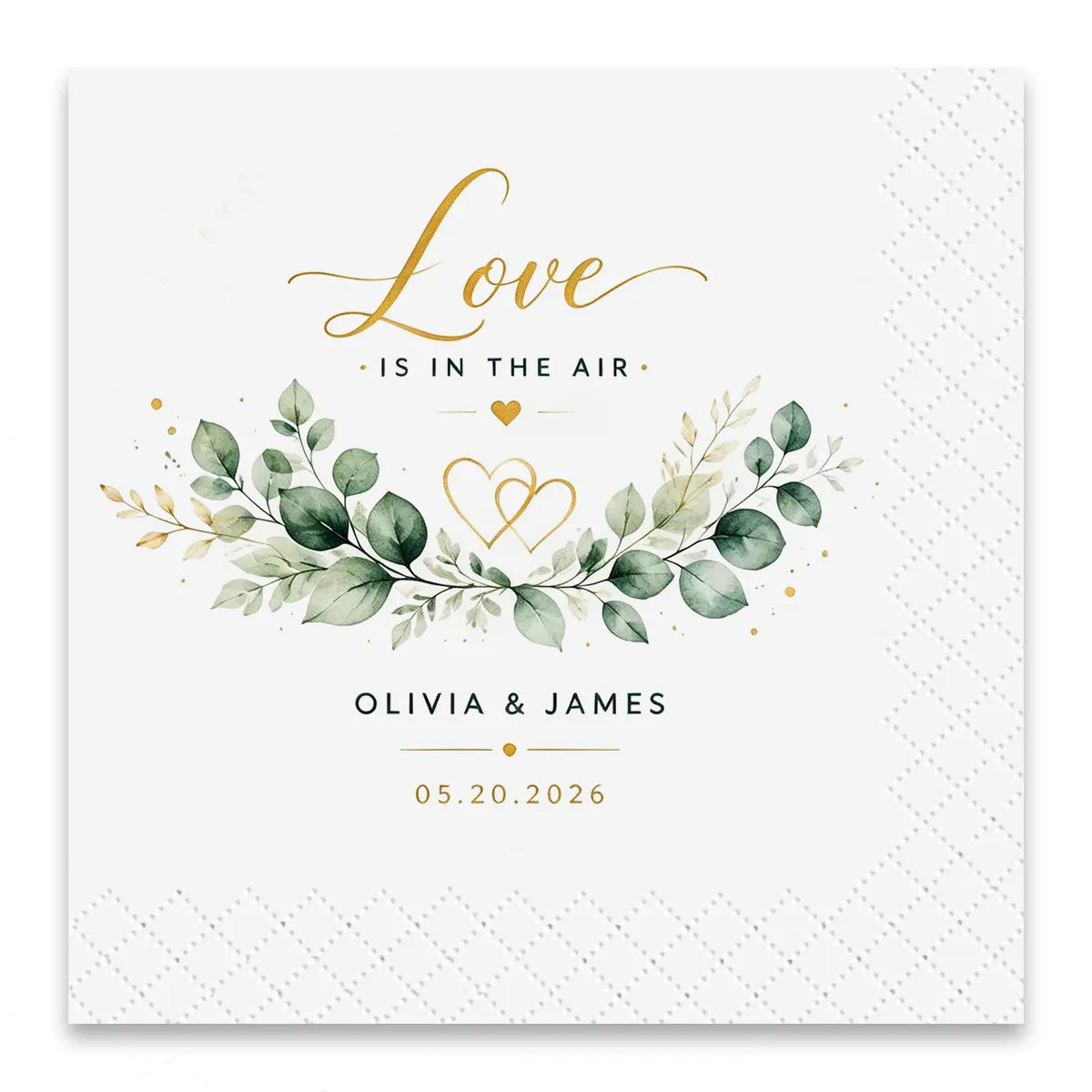 Personalized greenery wedding napkins with custom Love Is In The Air design, names and date printed on white paper