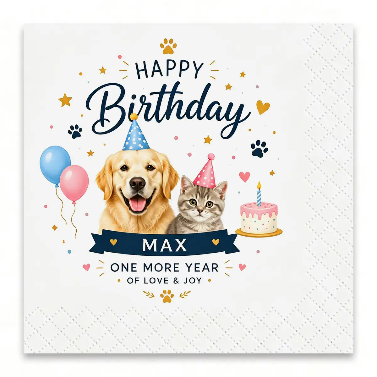 Personalized pet birthday napkins featuring custom dog and cat photos, birthday designs, pet names and festive party decorations