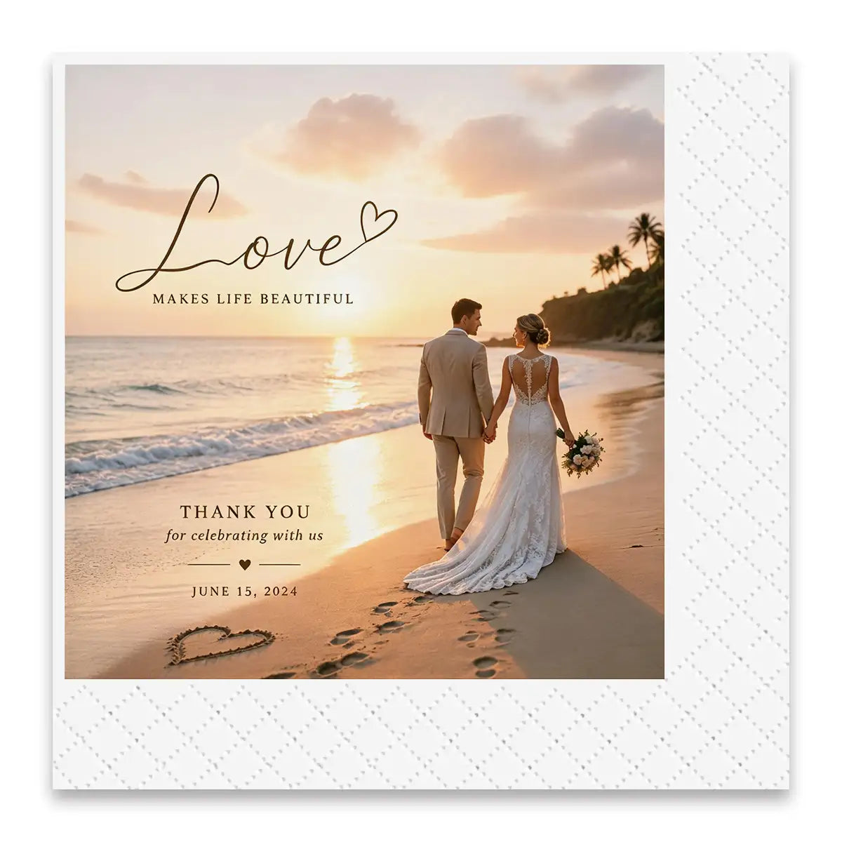 Personalised beach wedding photo napkin with custom wedding photograph and elegant embossed border