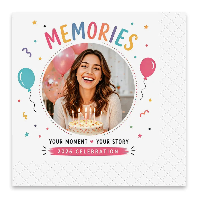 Personalised birthday napkin with custom photo, colourful celebration design and 3D embossed border