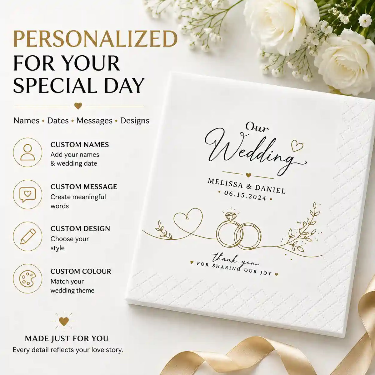 Custom personalized cocktail napkins with names, photos, messages and designs for weddings, parties and special occasions