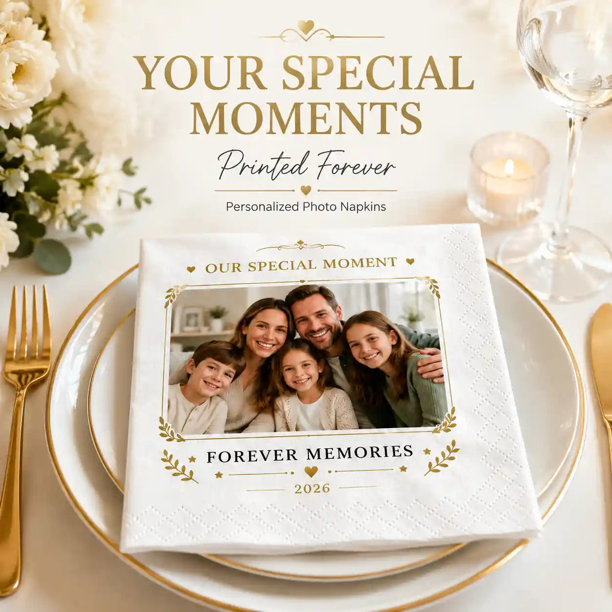 Custom photo napkins with personalized images names and messages for family celebrations