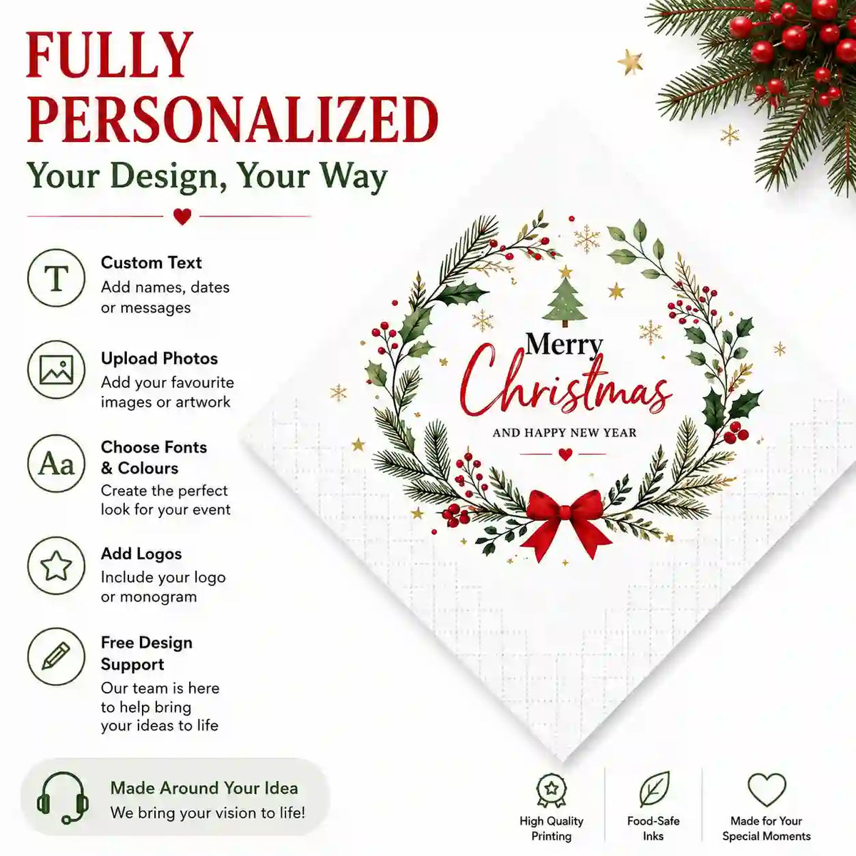 Personalized Christmas napkins with custom text, photos, colours, fonts and logo design options