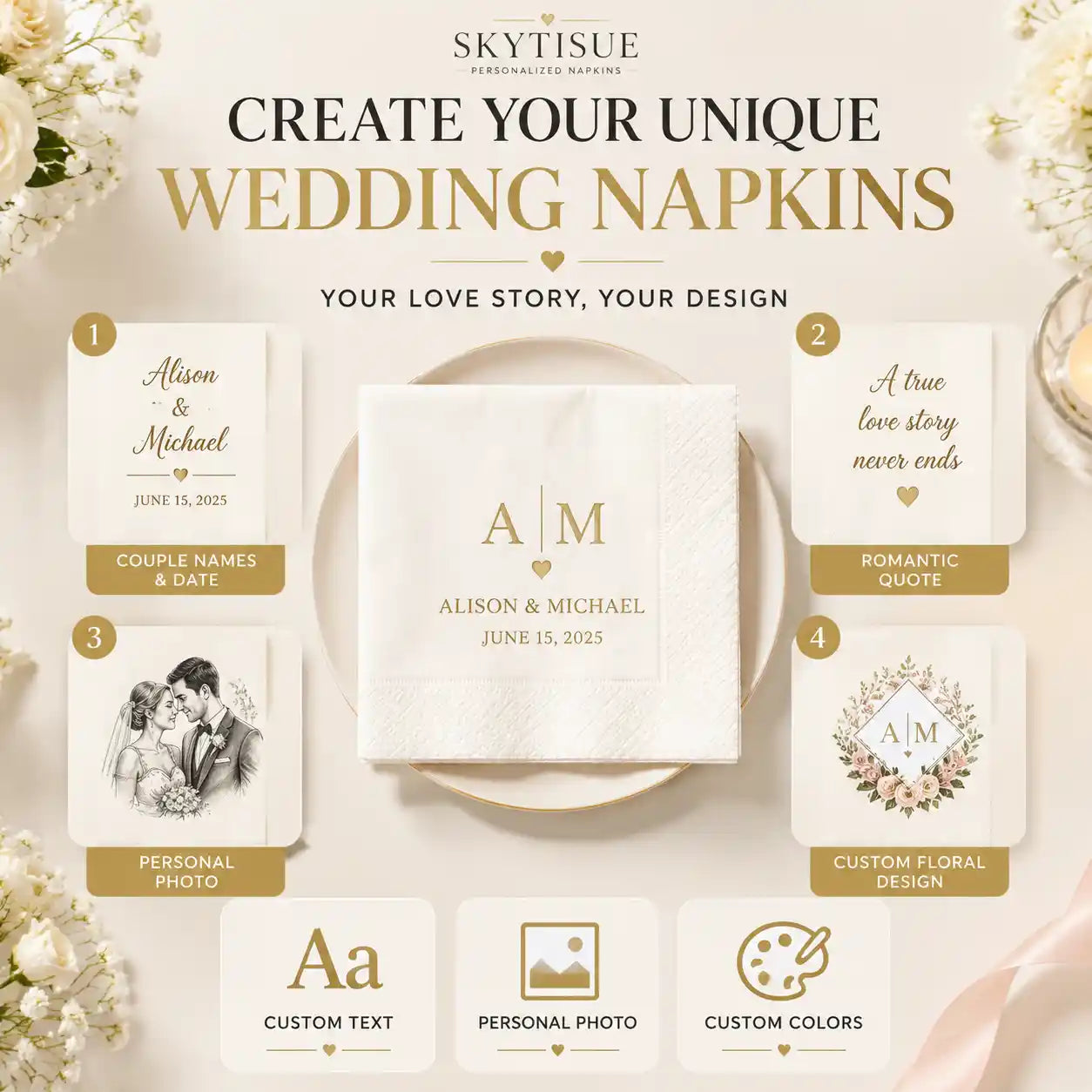SKYTISUE custom wedding napkins featuring personalized names, photos, messages, fonts, colors, and unique wedding designs