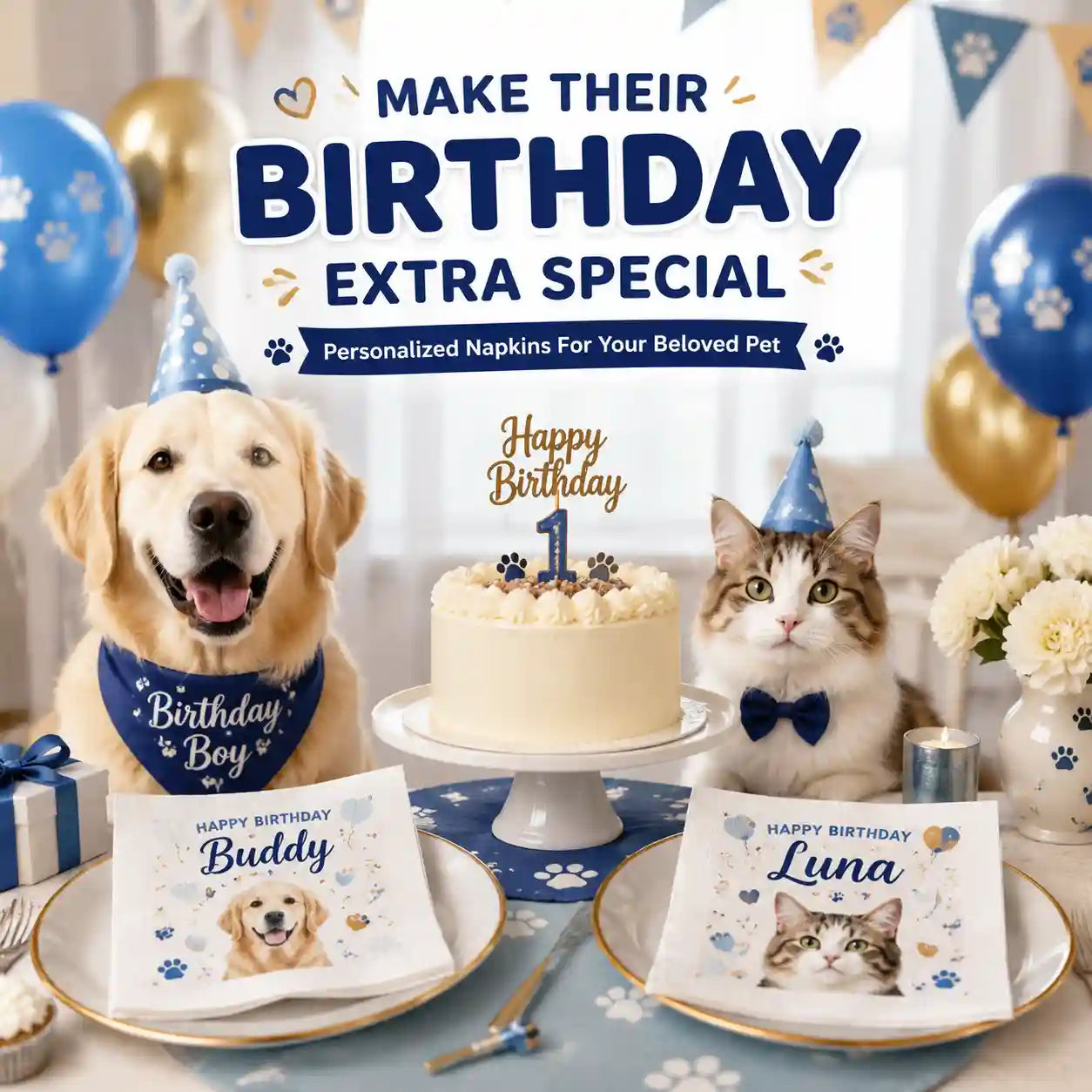 SKYTISUE 名入れペット誕生日ナプキン | 写真・名前・デザイン入り犬猫用カスタムパーティーナプキン