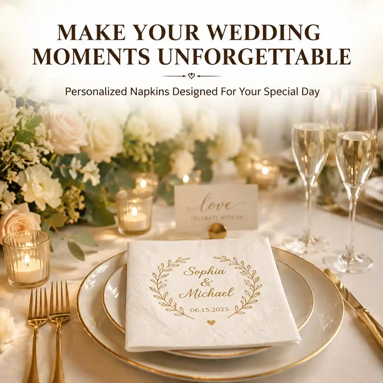 Elegant wedding reception table featuring personalized wedding napkins with custom names and romantic decoration