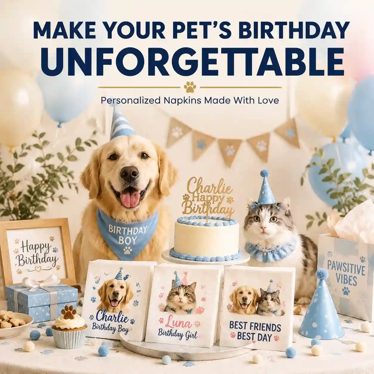 Custom pet birthday napkins displayed at a joyful dog and cat birthday party with personalized photo designs and celebration decorations