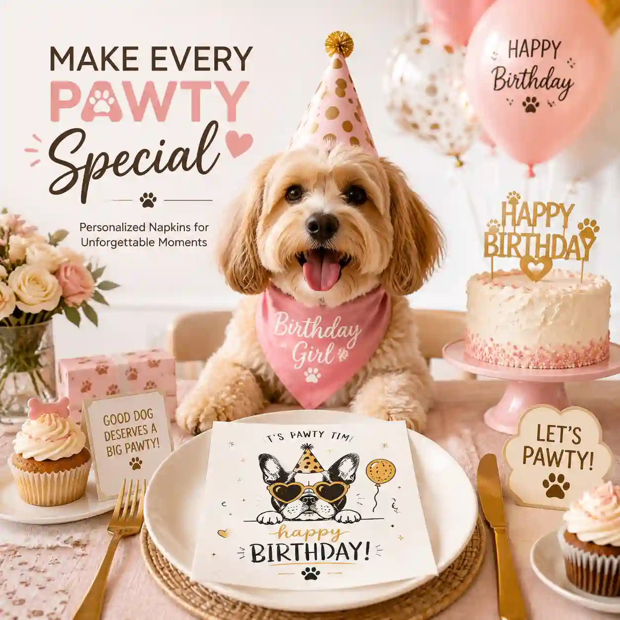 Personalized pet birthday napkins displayed on dog birthday party table decoration