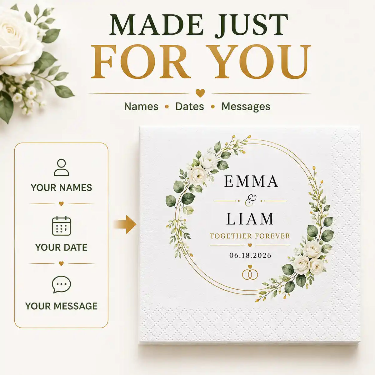 Personalised wedding napkin design with custom names, date and message options