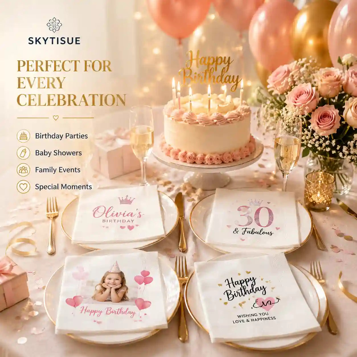 SKYTISUE custom birthday napkins with free design preview, fast production, quality guarantee and personalized service