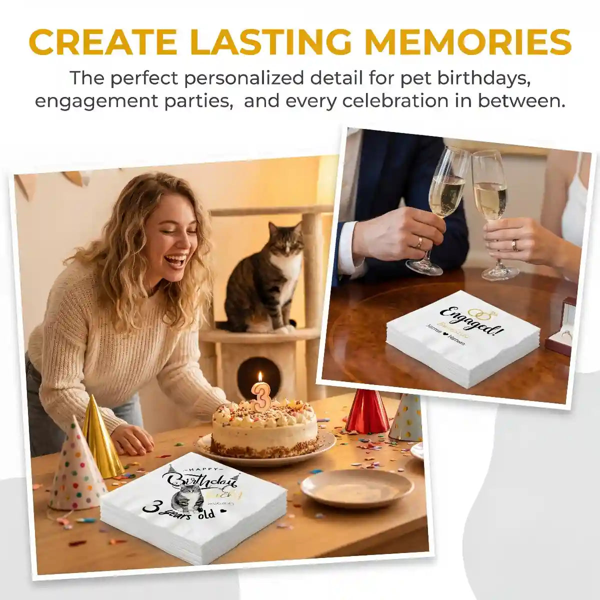 Personalized cat photo napkin displayed at birthday party table