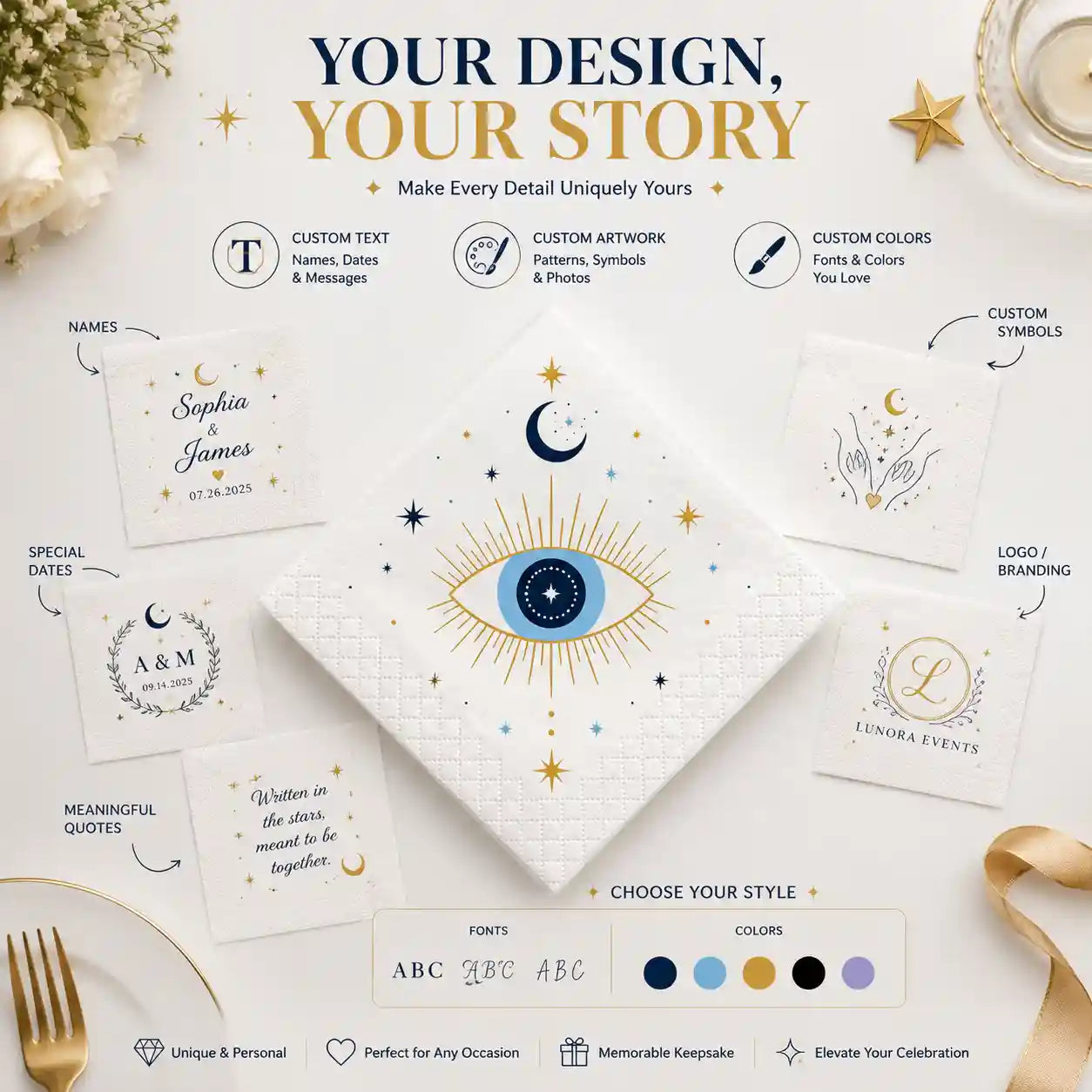 Personalized celestial napkins showing custom text artwork colors and design options for unique celebrations