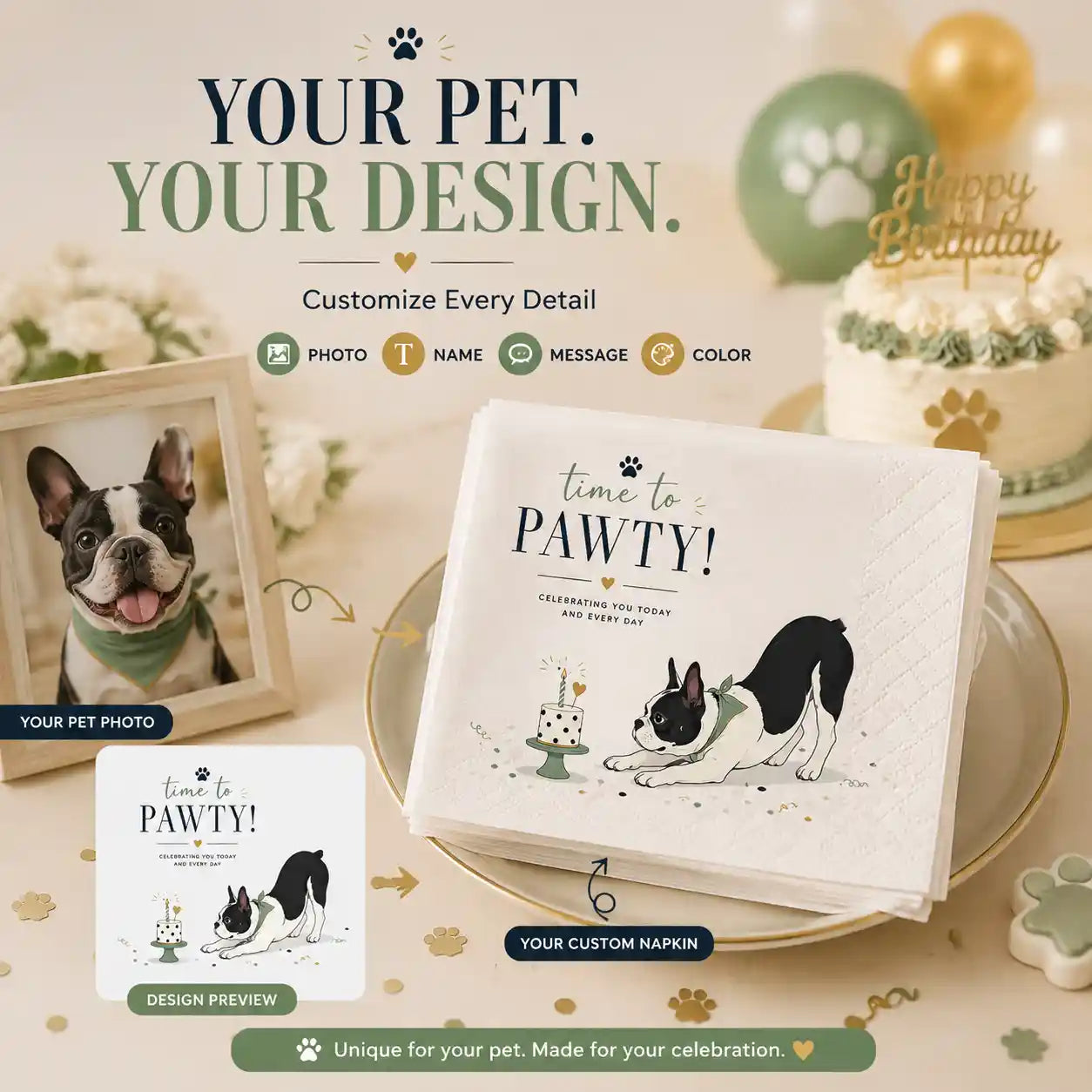 Eco friendly FSC certified personalized pet napkins with safe food grade printing