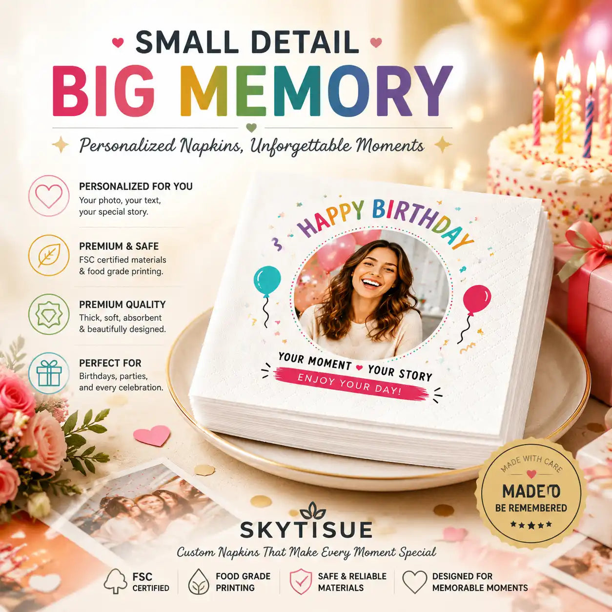 Custom birthday napkins personalization options including photo text and color design