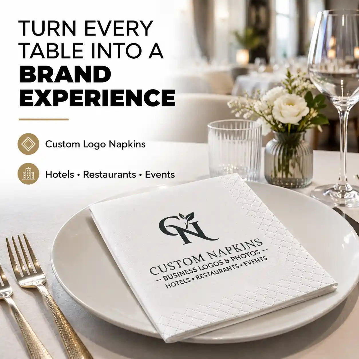 Premium custom logo napkins displayed on a luxury restaurant table to create professional brand experiences