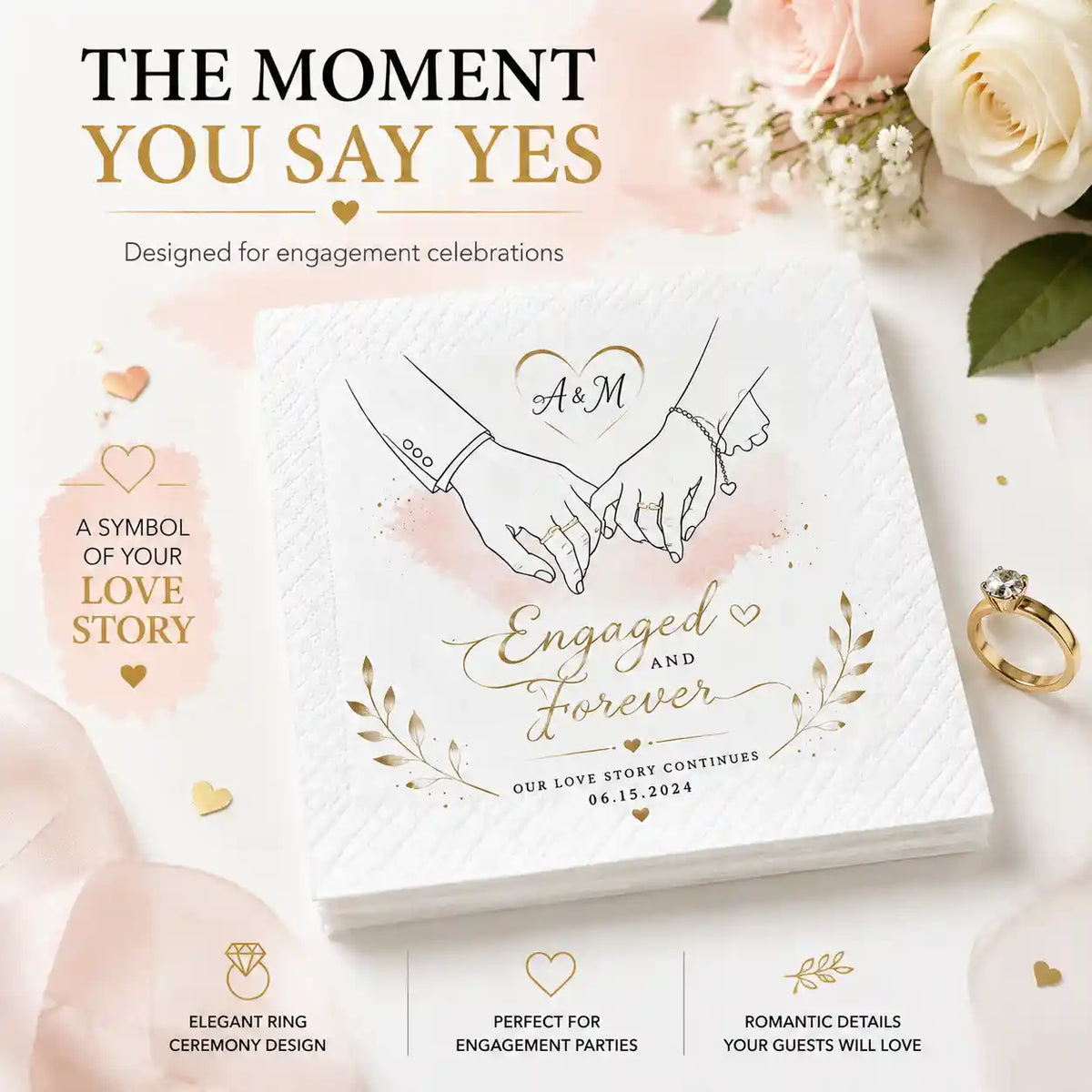 Custom engagement napkin showing personalised initials, special date and love message options