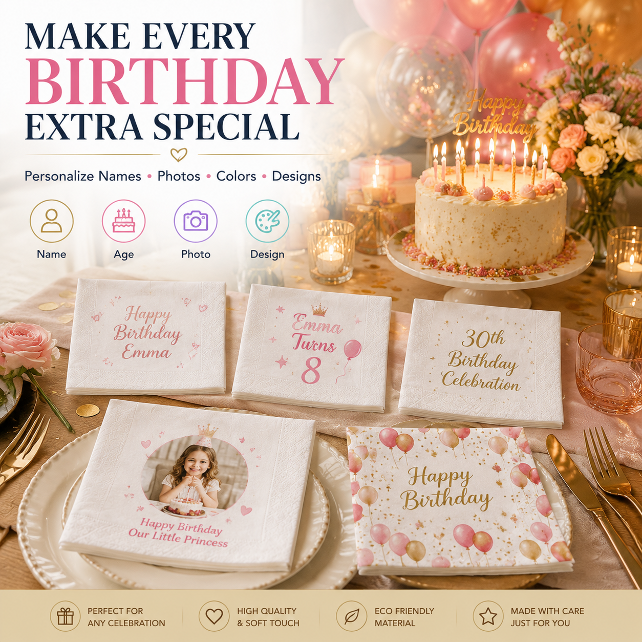 SKYTISUE 名入れ誕生日ナプキン｜名前、写真、デザイン入りカスタムプリントパーティーナプキン