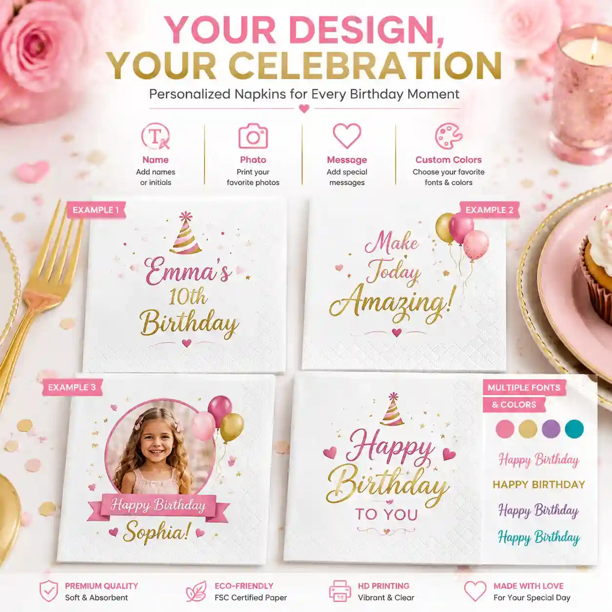 Custom birthday napkins with personalized names photos messages and color options