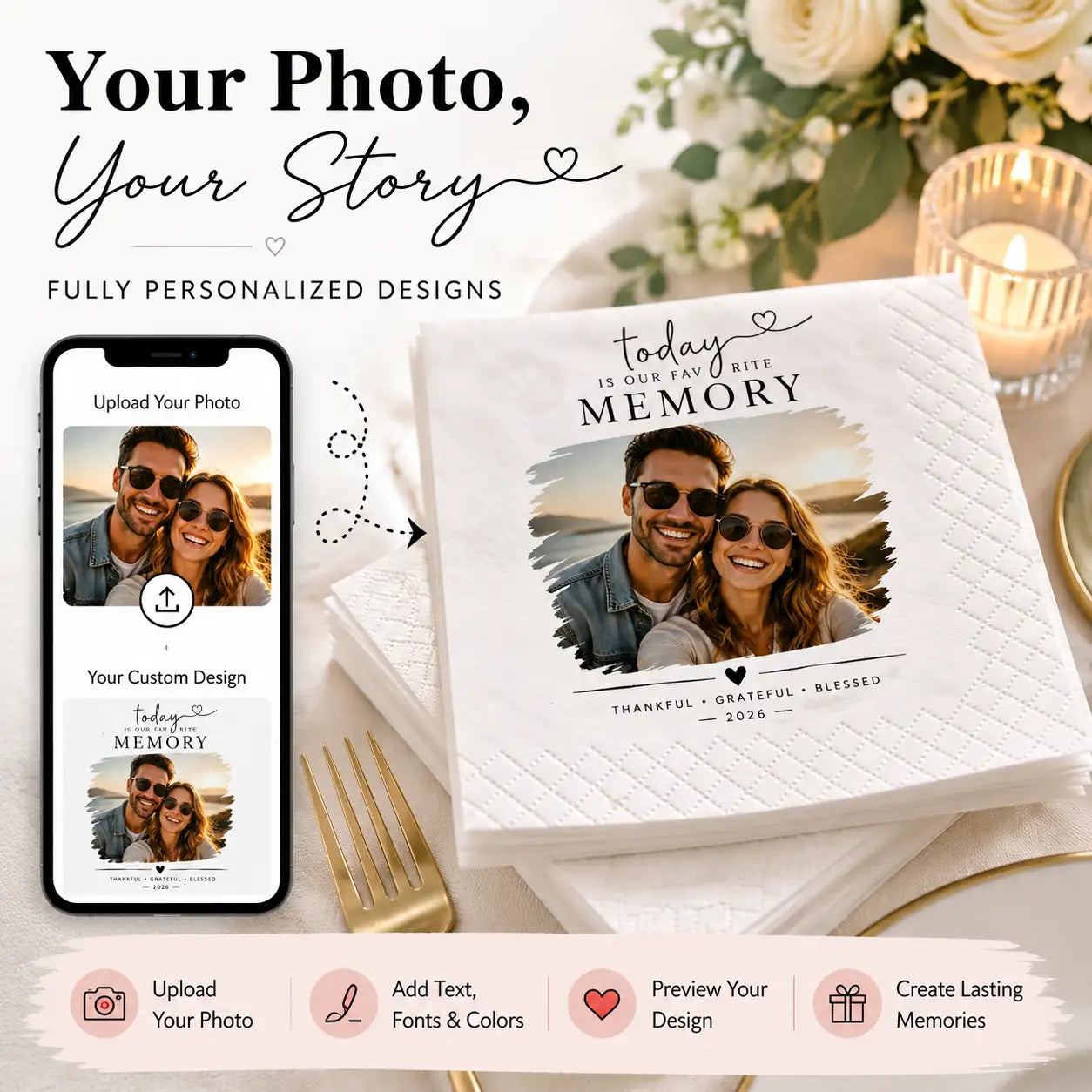 Personalized photo napkins showing custom photo printing process with uploaded memories