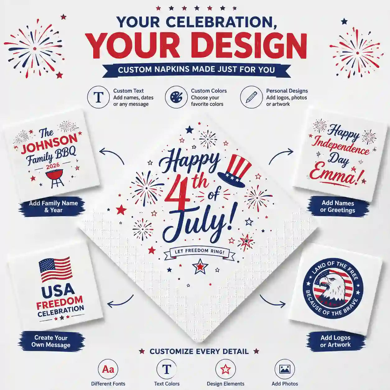 Custom patriotic napkins featuring personalized names, messages, fonts and colors for unique Fourth of July parties