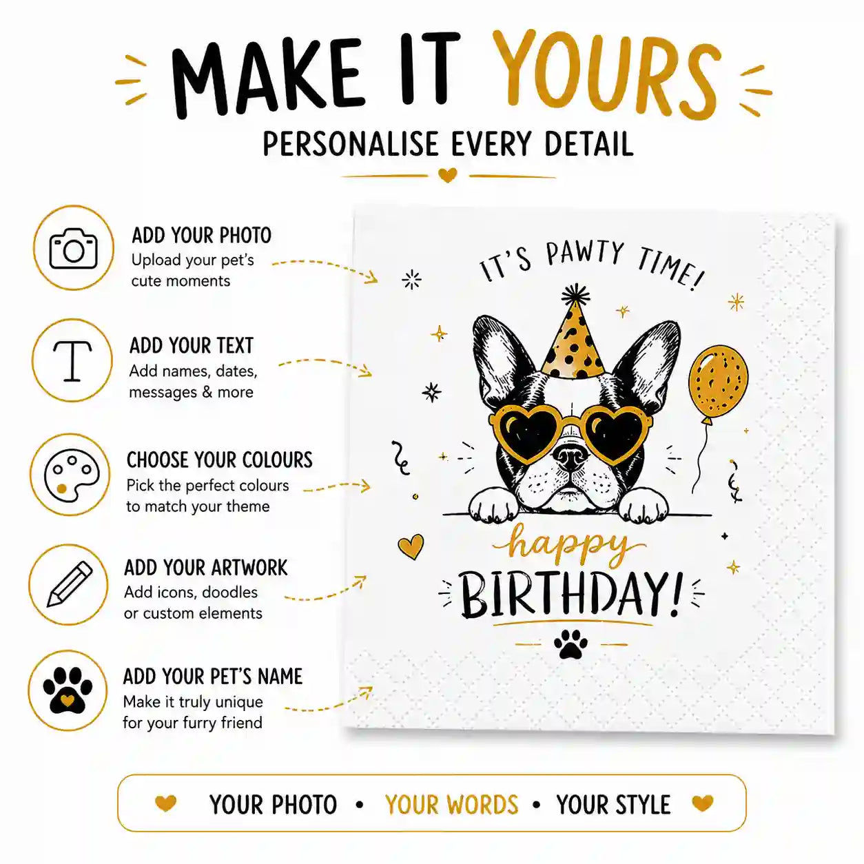 Custom personalised napkins with logo, photo, text, font and colour options