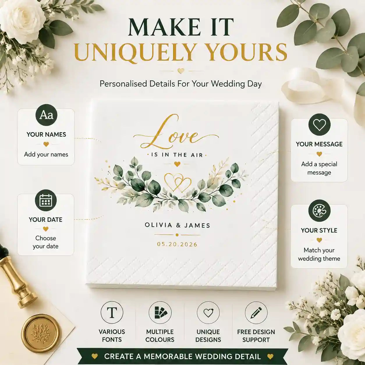 Custom personalized wedding napkins with botanical design, custom names, dates and messages for wedding celebrations