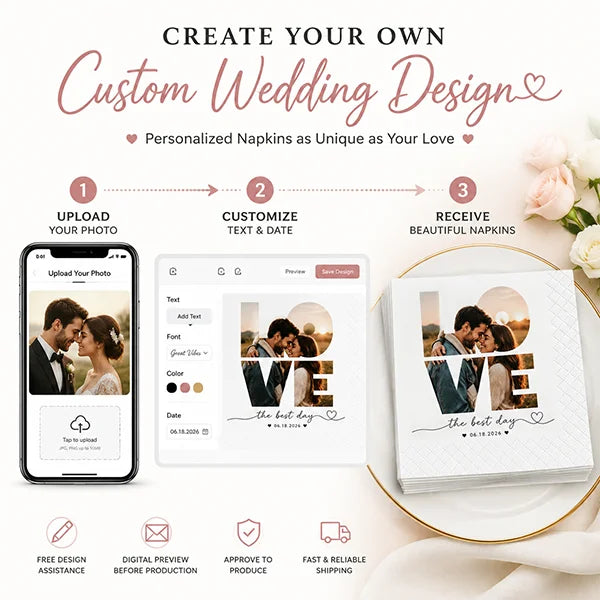 Custom wedding napkins personalization process with photo upload and design preview