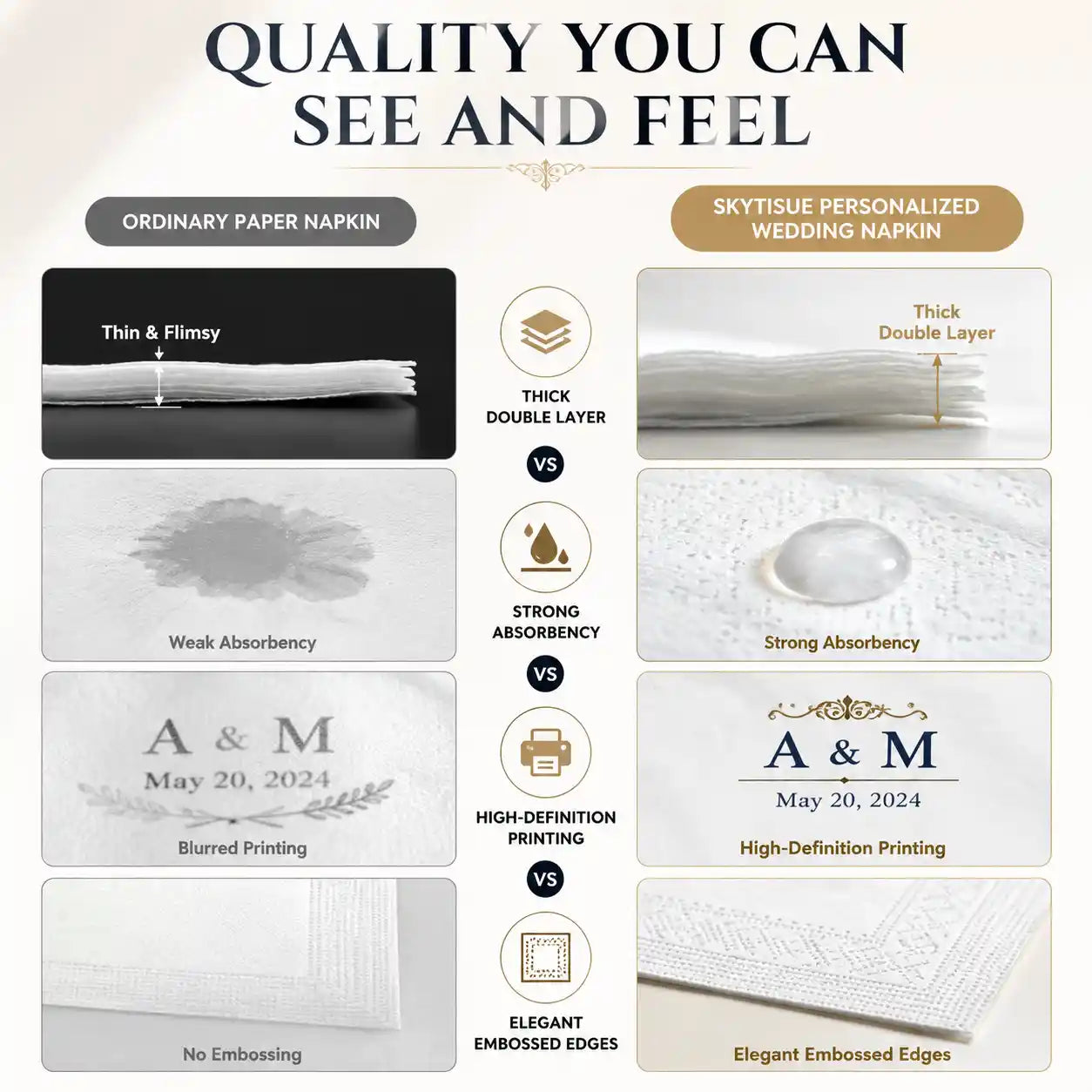 Premium custom wedding napkin showing double layer paper structure, embossed edges and high definition printing quality