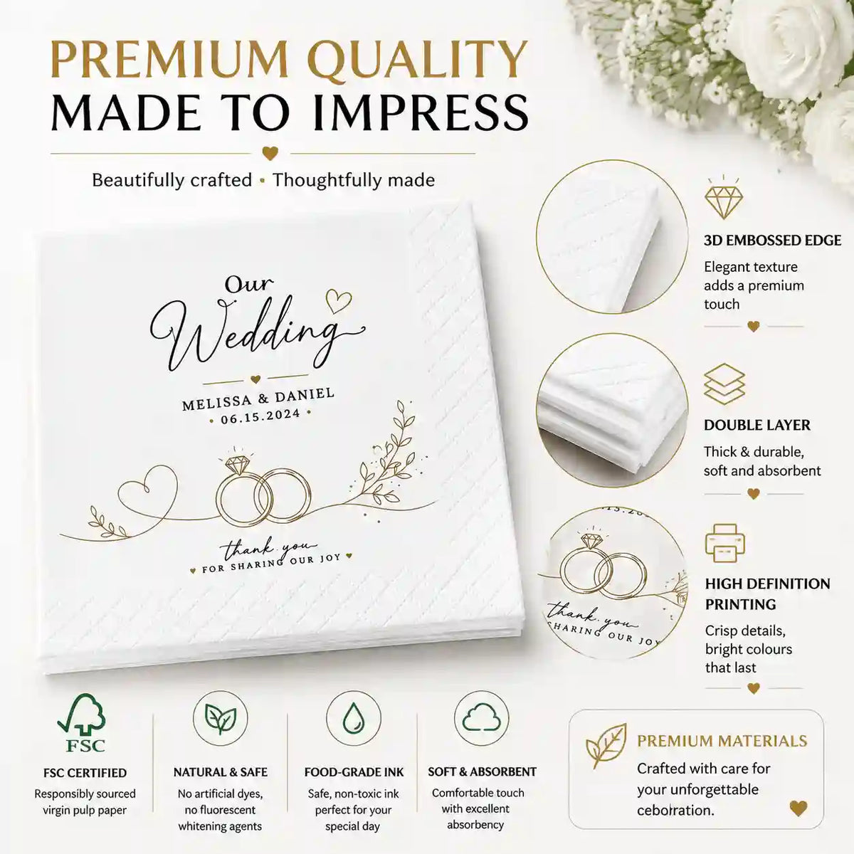 FSC certified premium custom printed napkins with double layer paper, 3D embossed edges and food grade ink printing