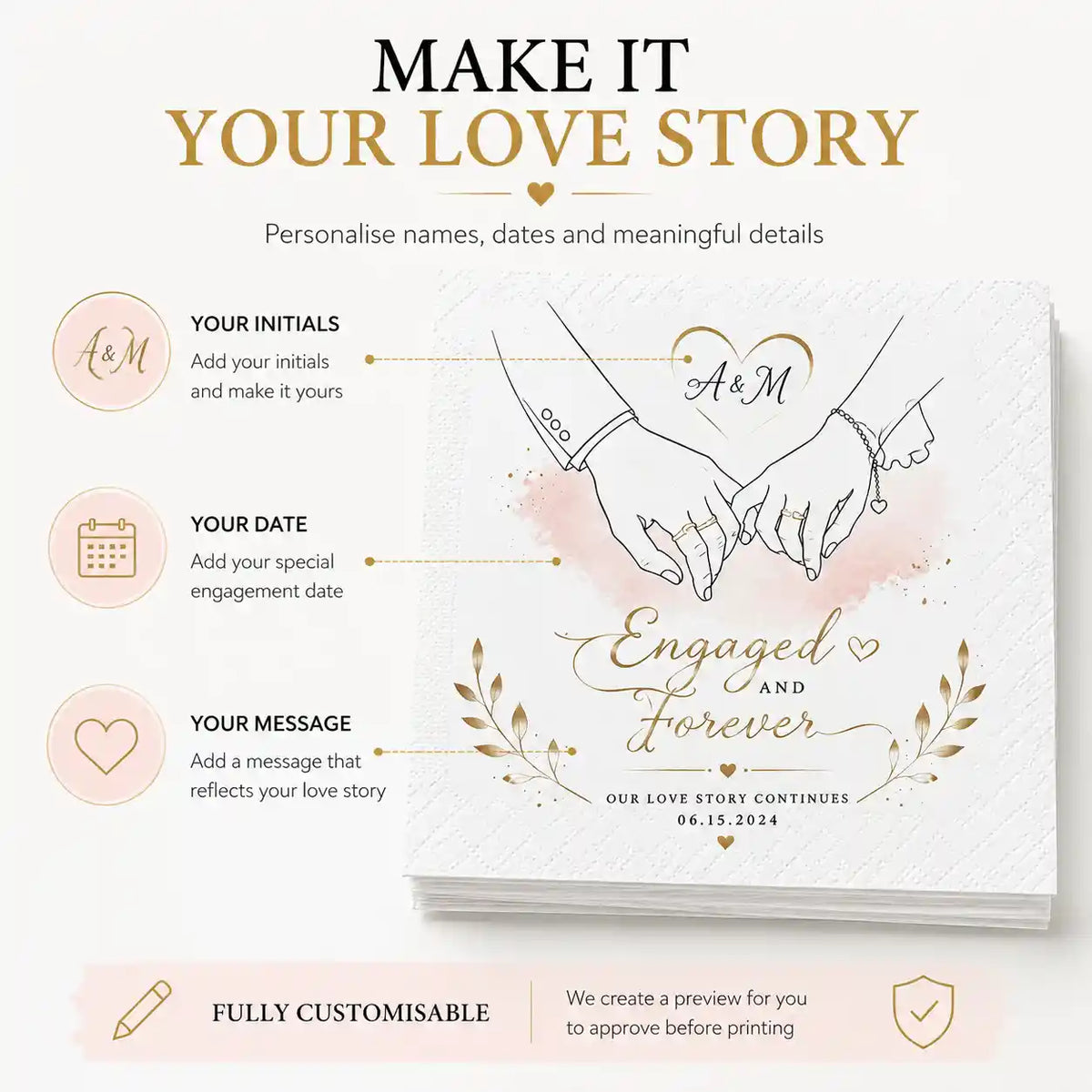 Personalised engagement napkin featuring intertwined hands, gold rings and elegant Engaged and Forever artwork