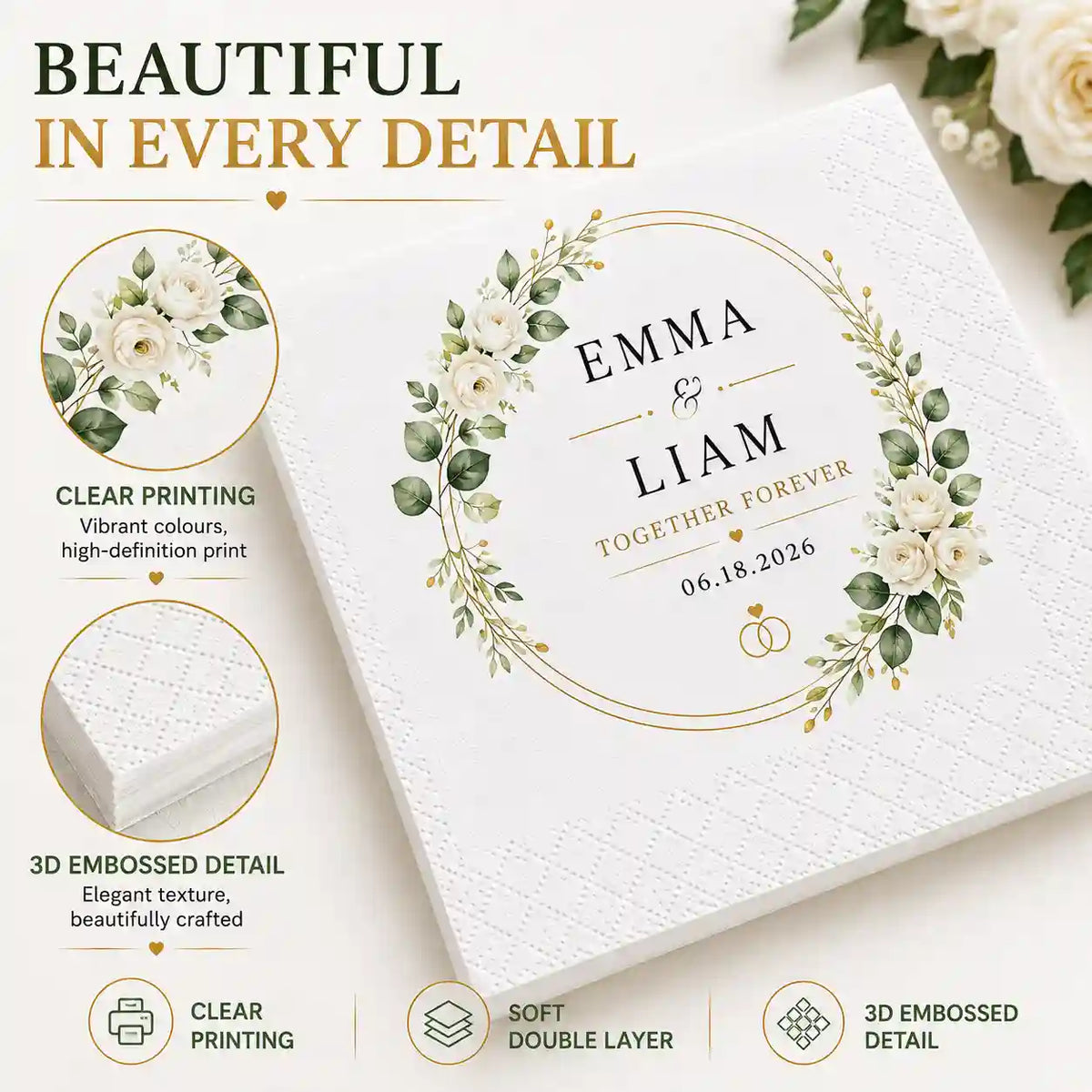 Floral wedding napkin showing high definition printing, double-layer paper and 3D embossed border