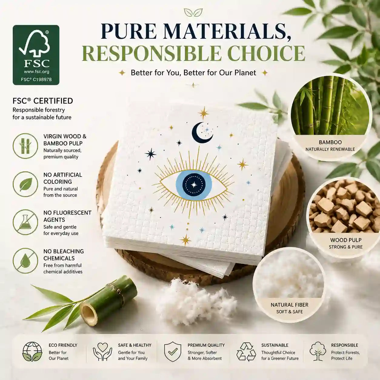 FSC certified eco friendly personalized napkins made from virgin wood and bamboo pulp materials