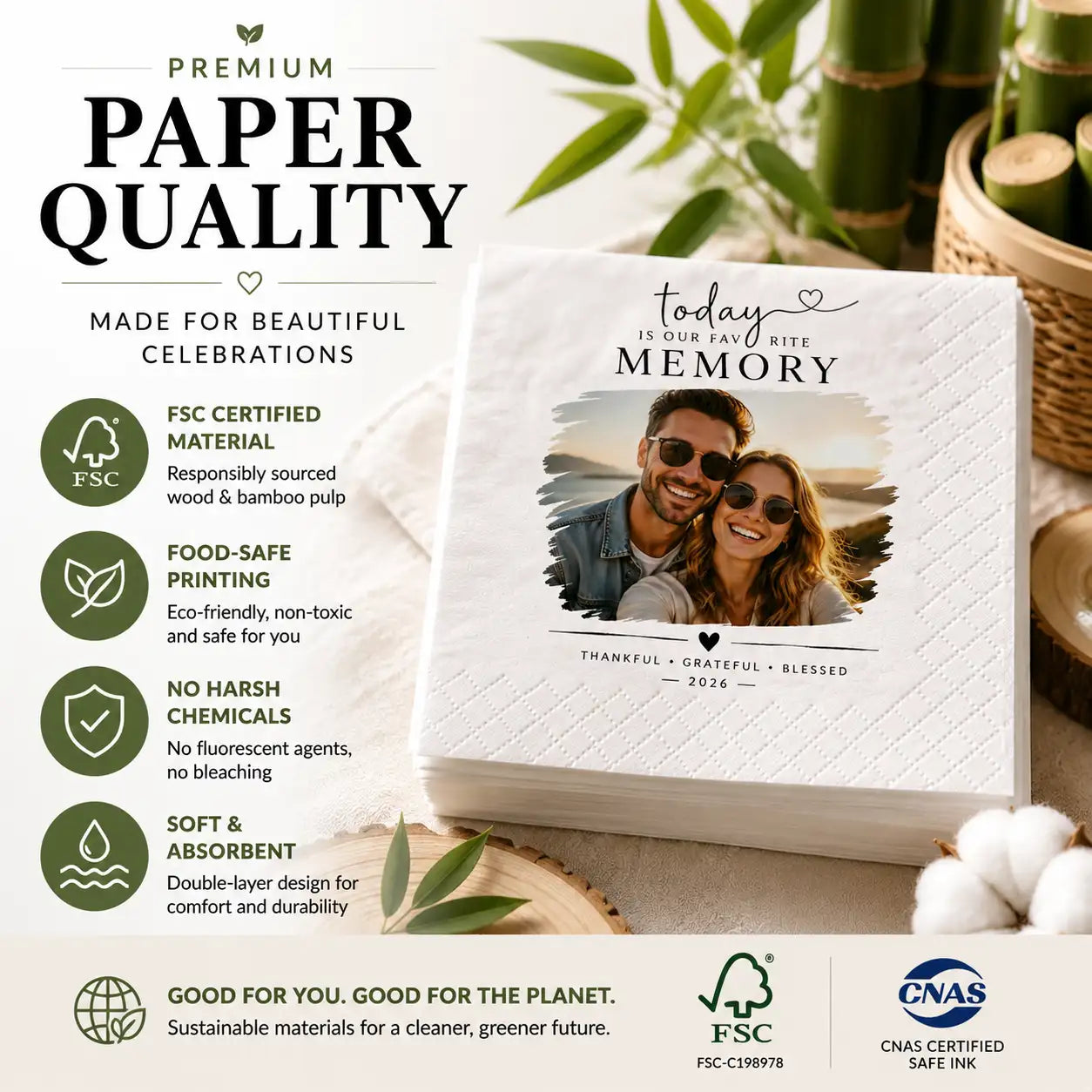 Eco friendly FSC certified personalized napkins with premium paper texture and safe printing quality