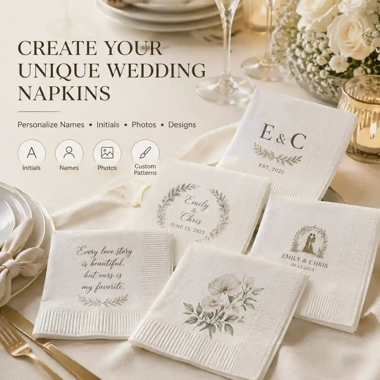 Luxury personalized wedding napkins for elegant wedding table decoration